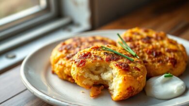 Hash browns dourados com casquinha crocante, servidos em um prato rústico, prontos para o café da manhã.