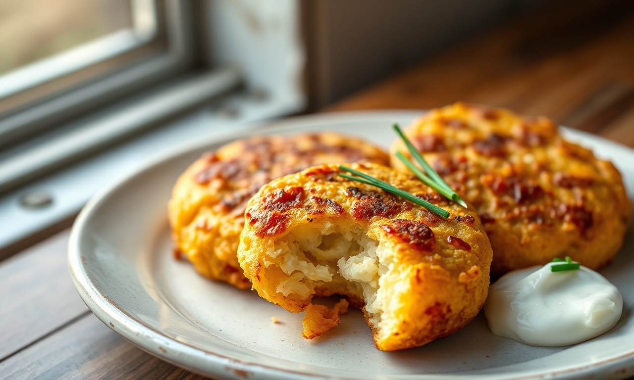 Hash browns dourados com casquinha crocante, servidos em um prato rústico, prontos para o café da manhã.