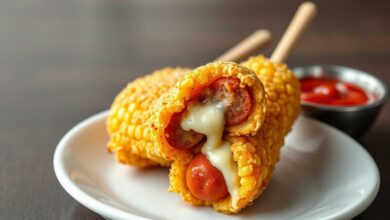 O lanche perfeito: salsicha e muçarela empanados em massa levemente adocicada e panko, fritos até ficarem dourados e estalantes.