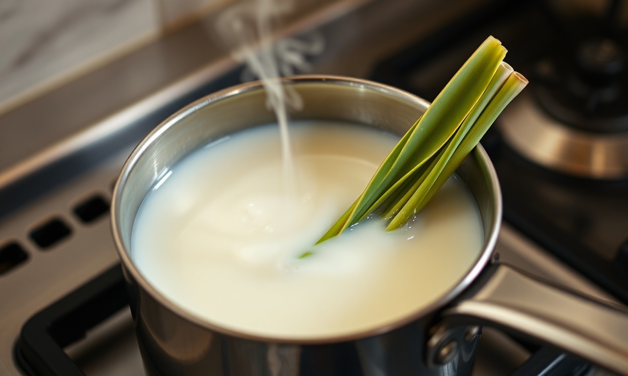 O processo de aquecer o leite vegetal com os talos de capim limão para extrair o aroma.
