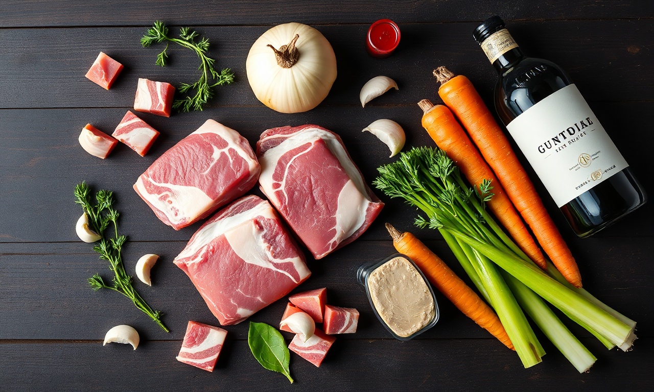Vista de cima dos ingredientes principais organizados sobre uma superfície de madeira.
