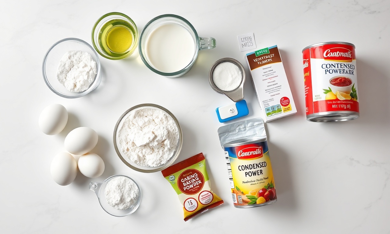 Vista de cima com os sete ingredientes organizados: ovos, açúcar, óleo, leite, farinha, fermento e uma lata de leite condensado.
