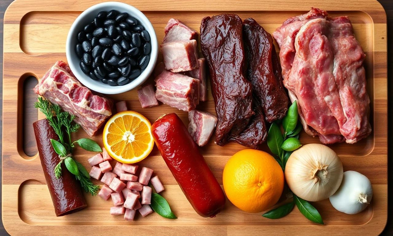 Vista de cima dos ingredientes crus e preparados para a feijoada.