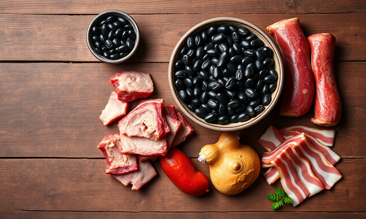 Vista de cima dos principais ingredientes: feijão preto e carnes salgadas.