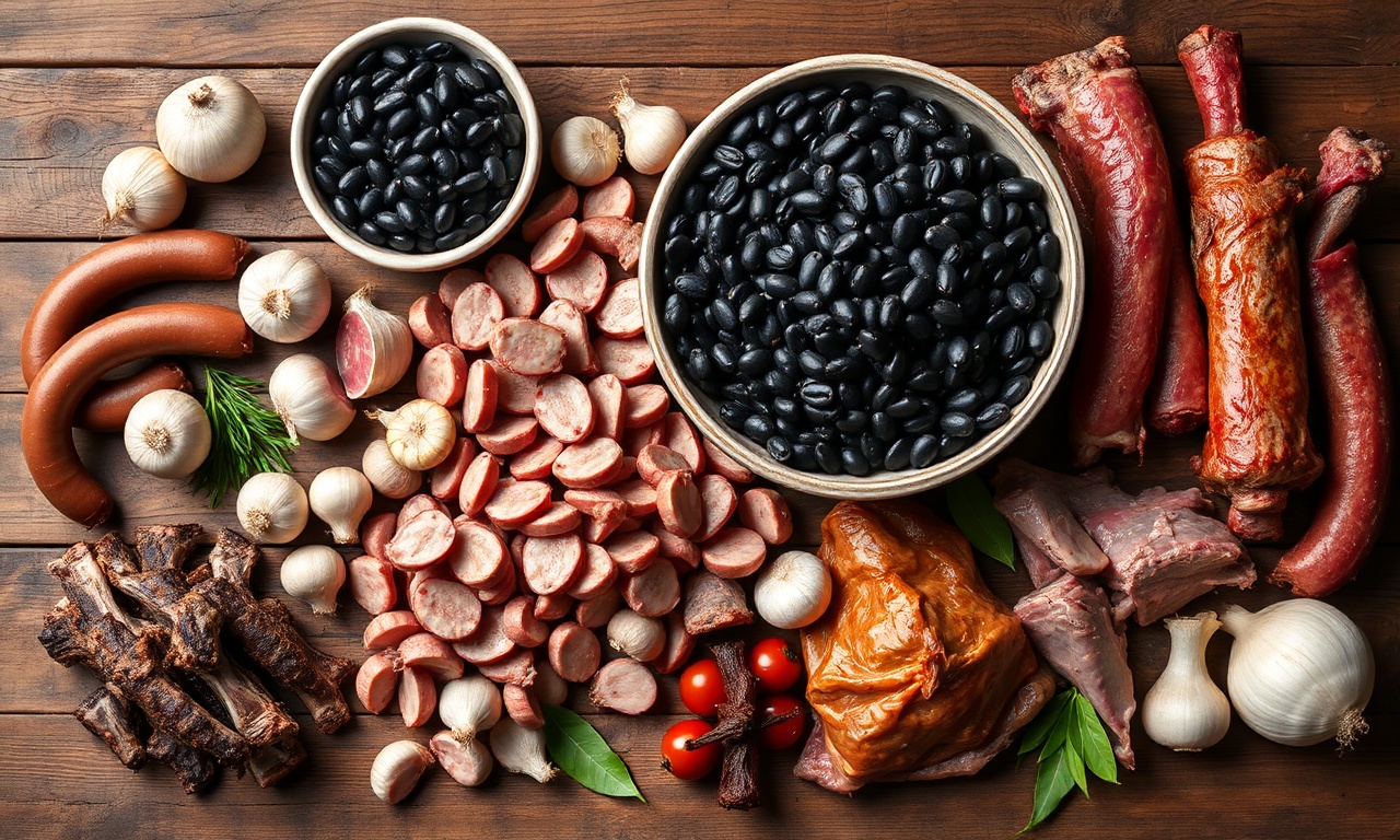 Vista de cima com os principais ingredientes crus e separados em grandes tigelas.