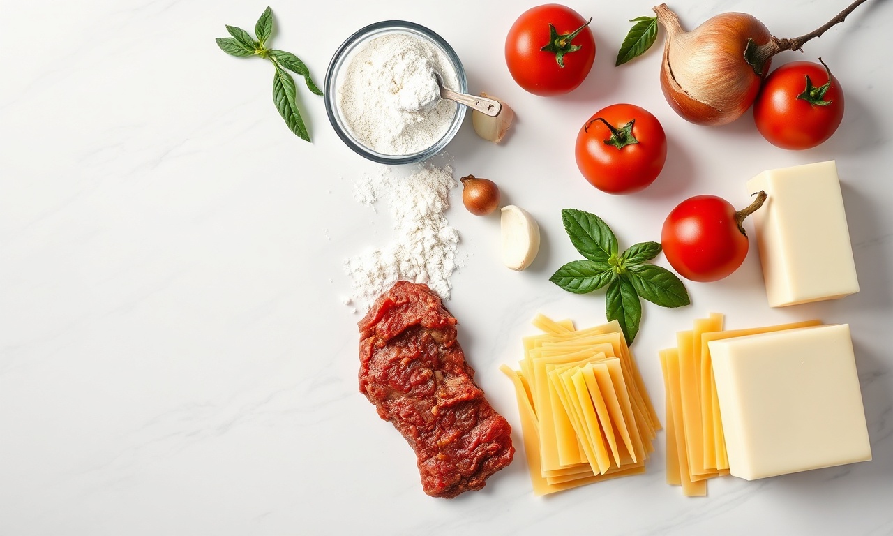 Lasanha Para 4 Pessoas: Receita Perfeita E Sem Erros 4 Vista de cima dos ingredientes organizados em uma superfície de mármore: carne moída, tomates, cebola, alho, farinha, manteiga, leite, massas de lasanha e queijos.