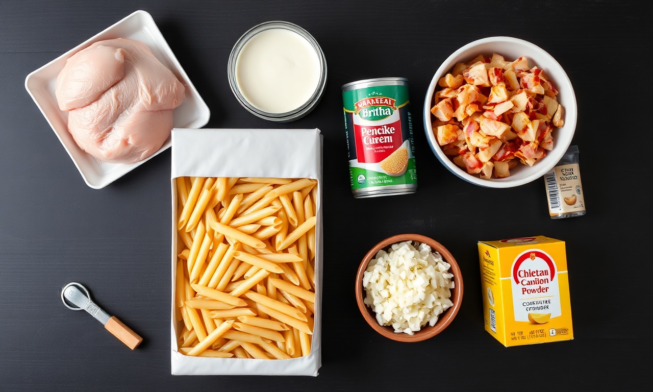 Macarronada Cremosa Com Frango: Fácil E Sem Talhar 4 Vista de cima dos ingredientes organizados sobre uma superfície de madeira.