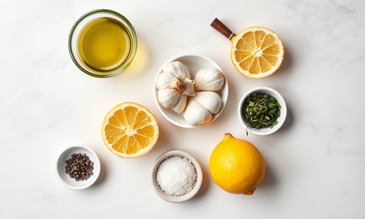 Vista de cima dos 6 ingredientes da marinada organizados sobre uma superfície de mármore.