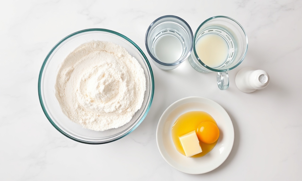Massa De Risoles Perfeita: Fina, Elástica E Sem Estourar 4 Vista de cima dos ingredientes organizados em uma superfície de mármore.