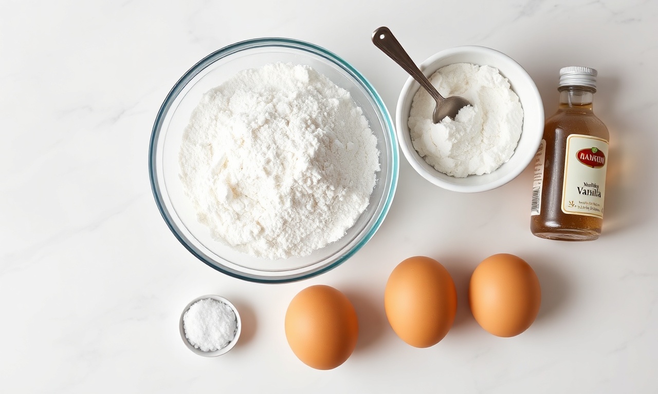 Vista de cima dos 5 ingredientes simples: ovos, farinha, açúcar, sal e baunilha.