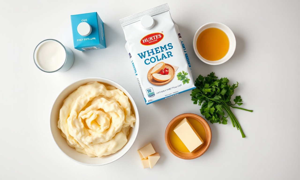 Vista de cima dos ingredientes organizados: batatas, leite, farinha, manteiga e temperos.