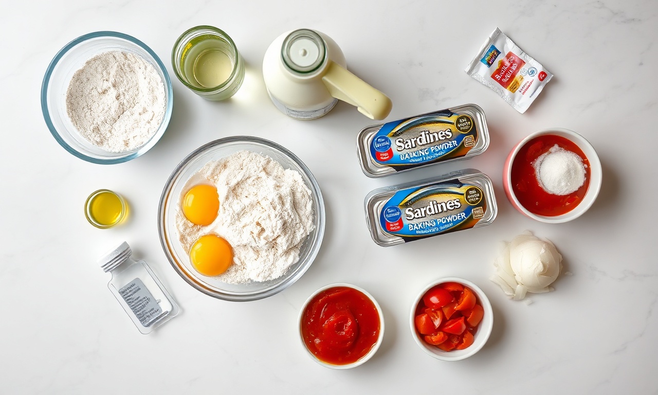 Vista de cima dos ingredientes organizados: ovos, leite, óleo, farinha, fermento, sardinhas enlatadas, cebola, tomate e molho de tomate.
