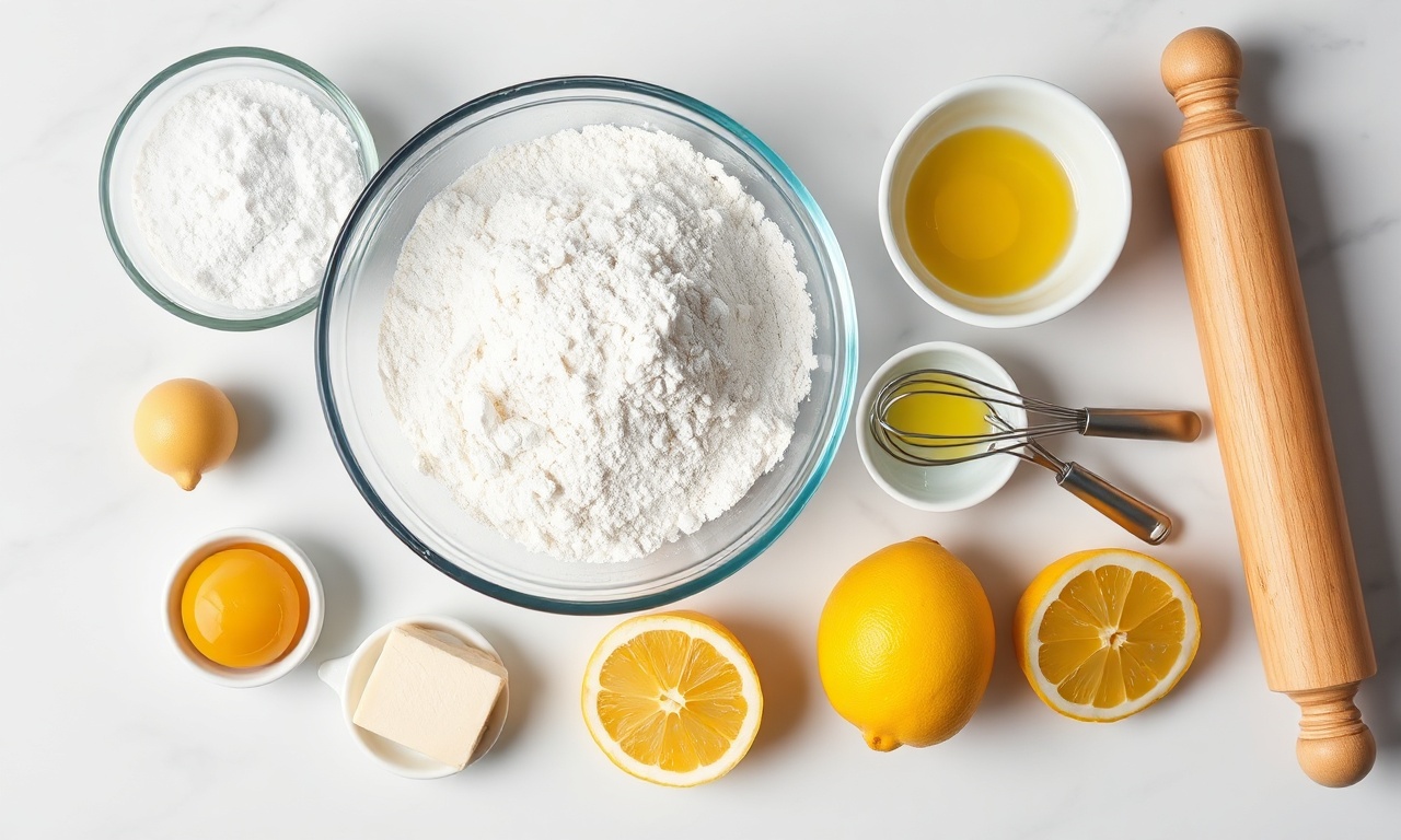 Vista de cima dos ingredientes organizados em tigelas e pratos sobre uma superfície de mármore.