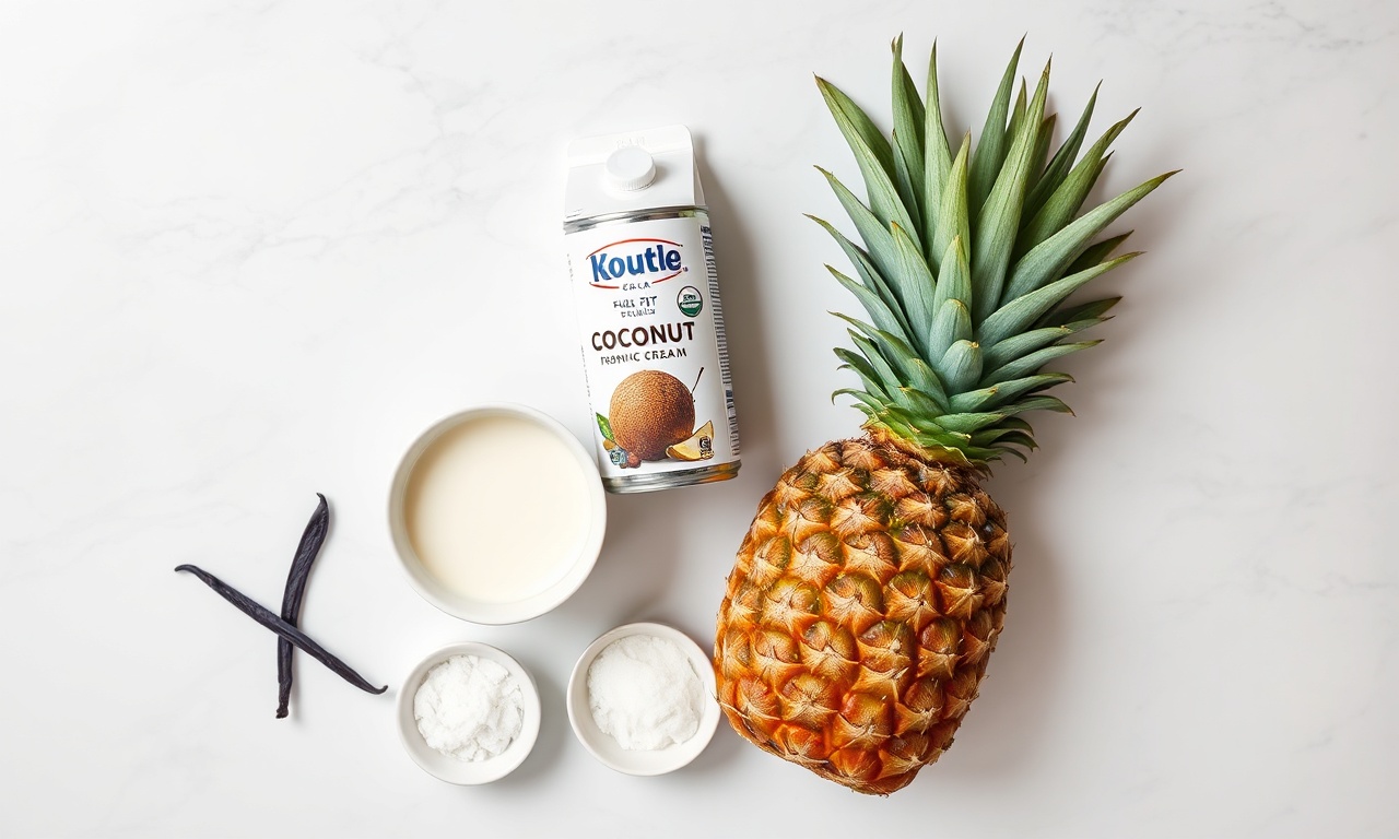 Abacaxi Caramelizado Com Creme Gelado De Coco: Pronto Em 30 Min 4 Vista de cima dos ingredientes frescos e embalagens organizados sobre superfície clara.