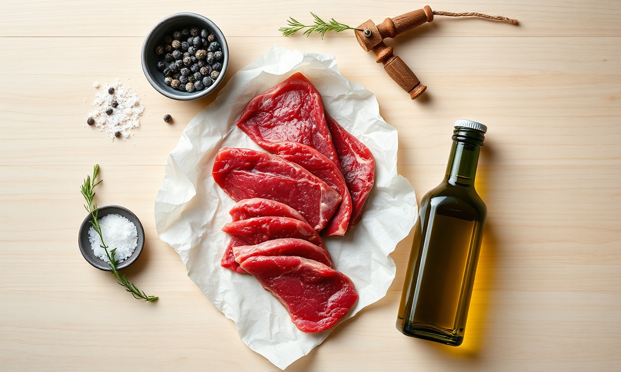 Vista de cima dos quatro ingredientes: fatias finas de acém cru, sal grosso, pimenta-do-reino e azeite de oliva.