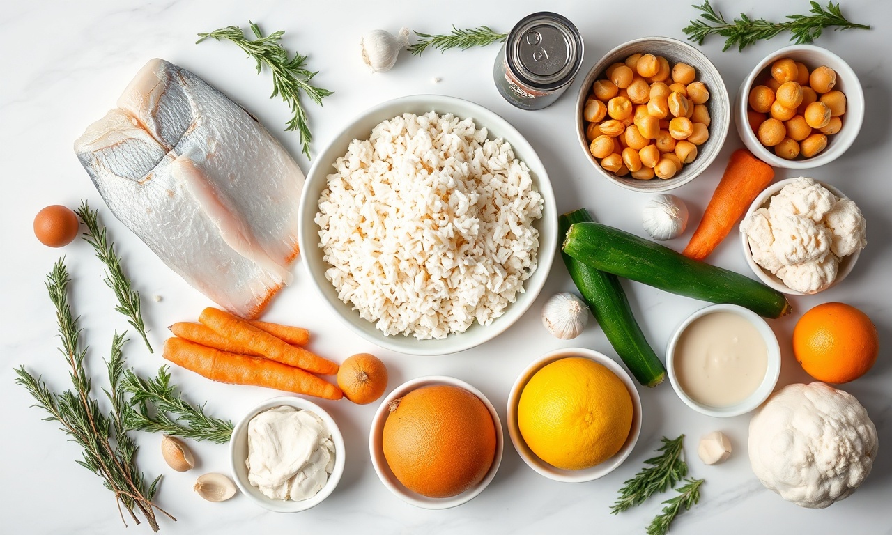 Vista de cima dos ingredientes principais para os sete acompanhamentos organizados em tigelas e pratos sobre superfície de mármore.