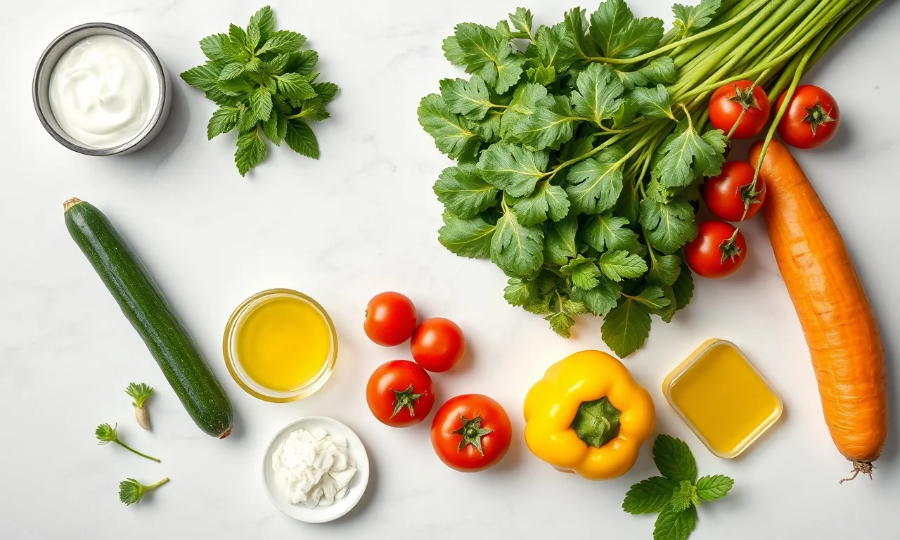 Vista de cima dos ingredientes frescos organizados para a salada e legumes.
