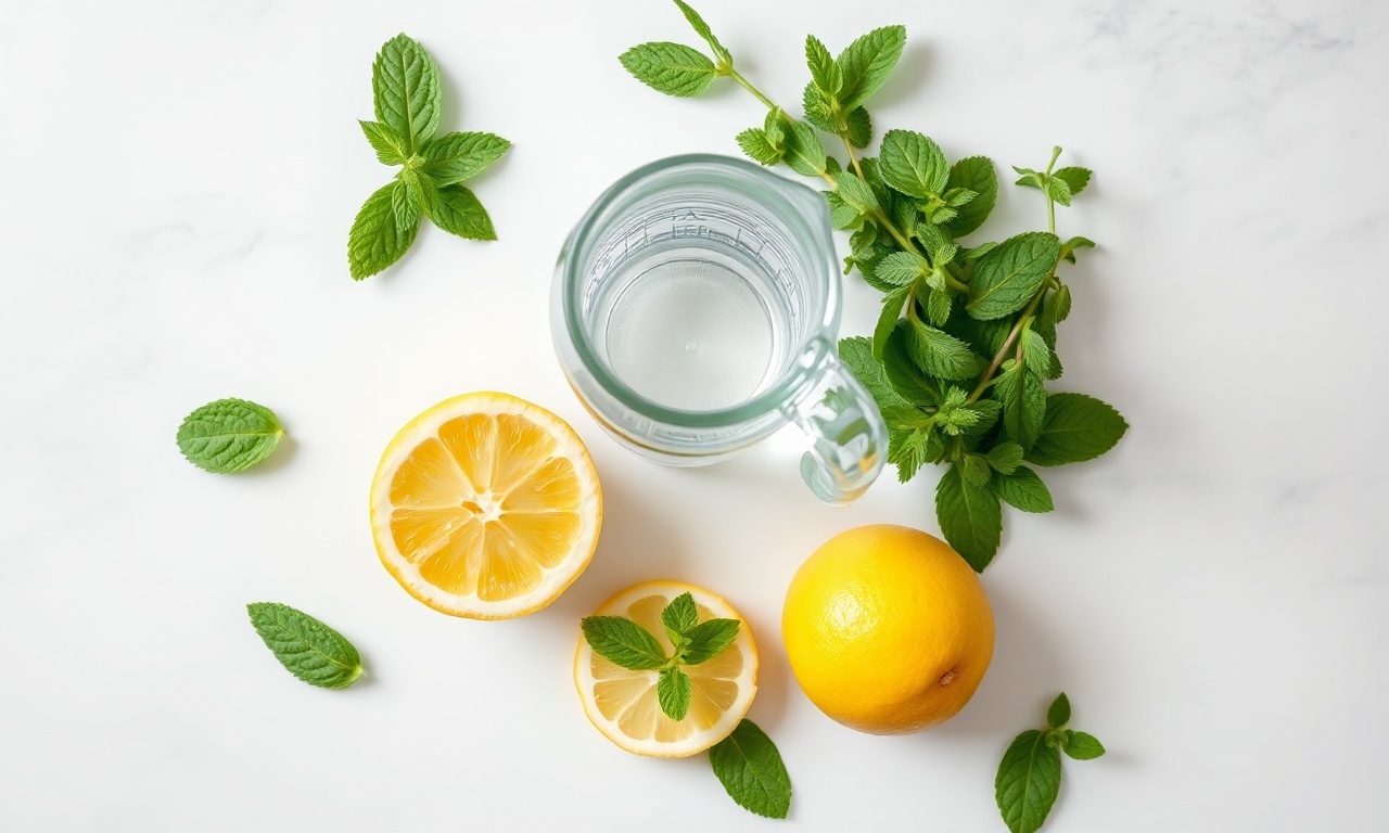 Vista de cima dos ingredientes frescos: limão, hortelã e água, prontos para o preparo.