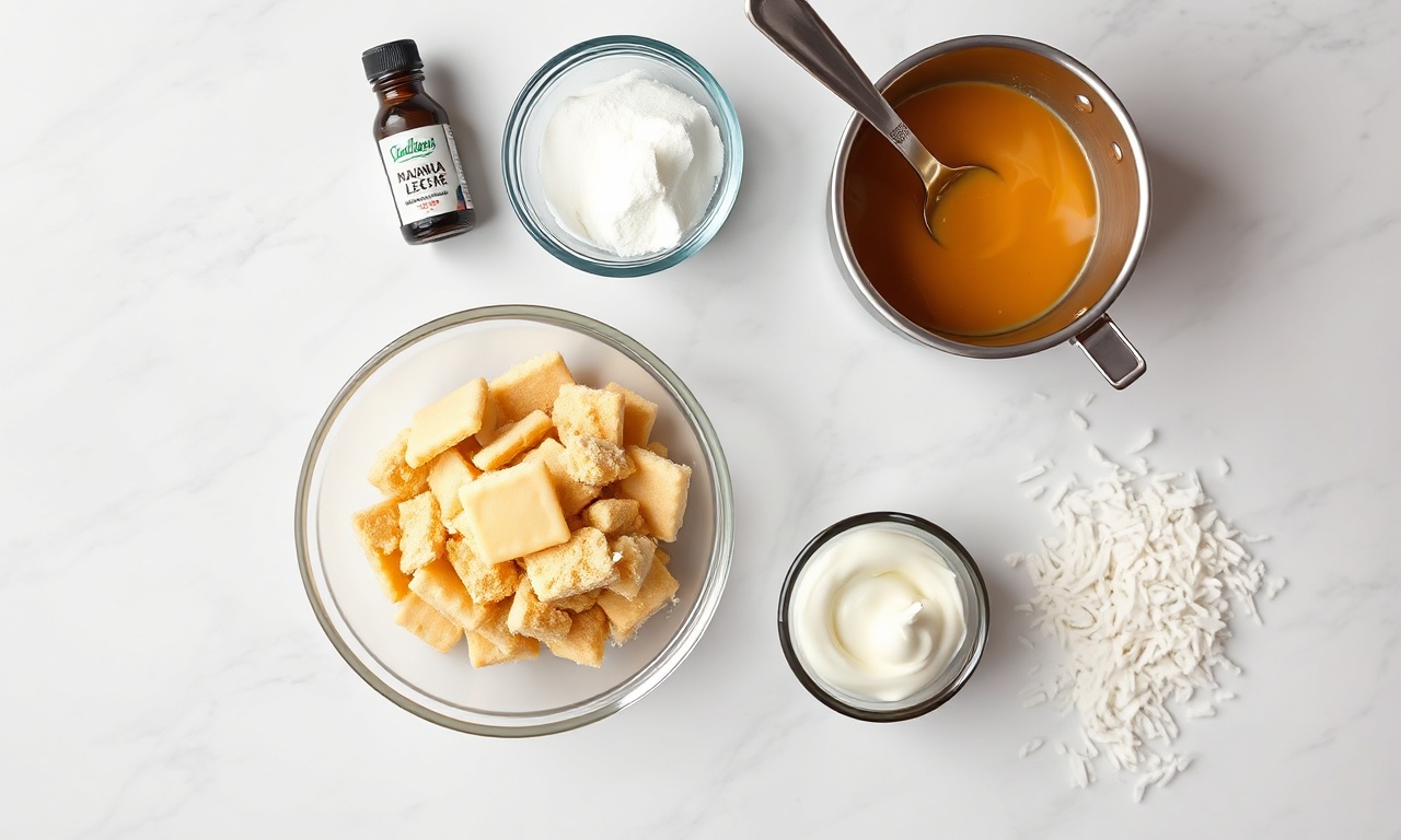 Vista de cima dos ingredientes organizados sobre superfície clara.
