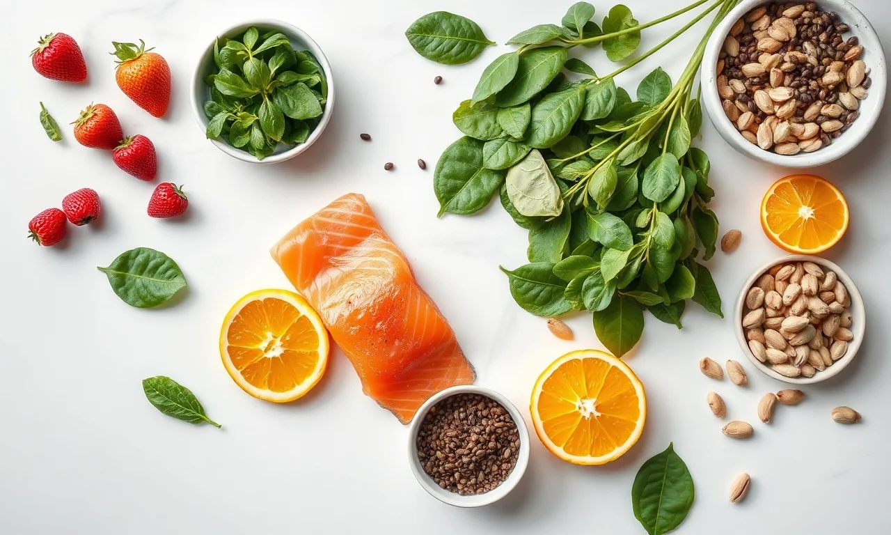 Vista de cima dos ingredientes organizados que ajudam na pele
