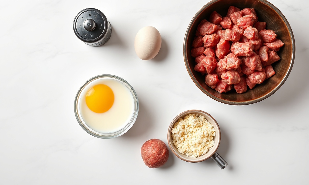 Almôndegas De Carne Moída Perfeitas: Macias E Que Não Desmancham 4 Vista de cima dos ingredientes crus, prontos para a mistura.