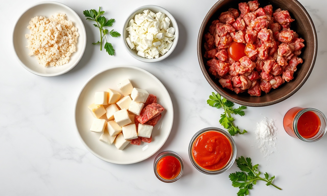 Almôndegas Recheadas Com Queijo: Fofas E Prontas Em 40 Min 4 Vista de cima dos ingredientes organizados sobre superfície clara