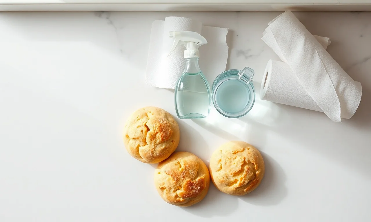 Pães de queijo endurecidos ao lado de um borrifador de água e papel toalha