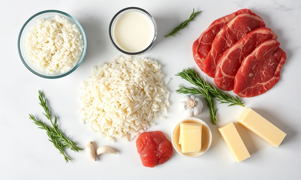 Vista de cima dos ingredientes principais organizados sobre uma superfície de mármore.
