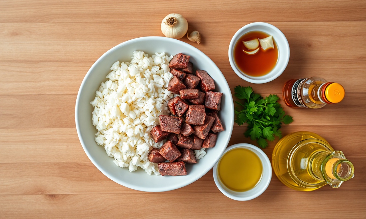Vista de cima dos ingredientes frescos e da sobra de churrasco prontos para o preparo.