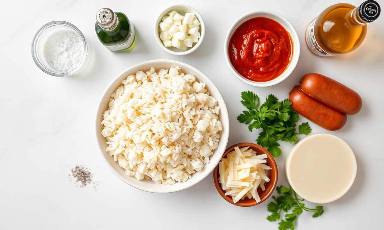 Vista de cima dos ingredientes organizados sobre superfície de mármore branco.