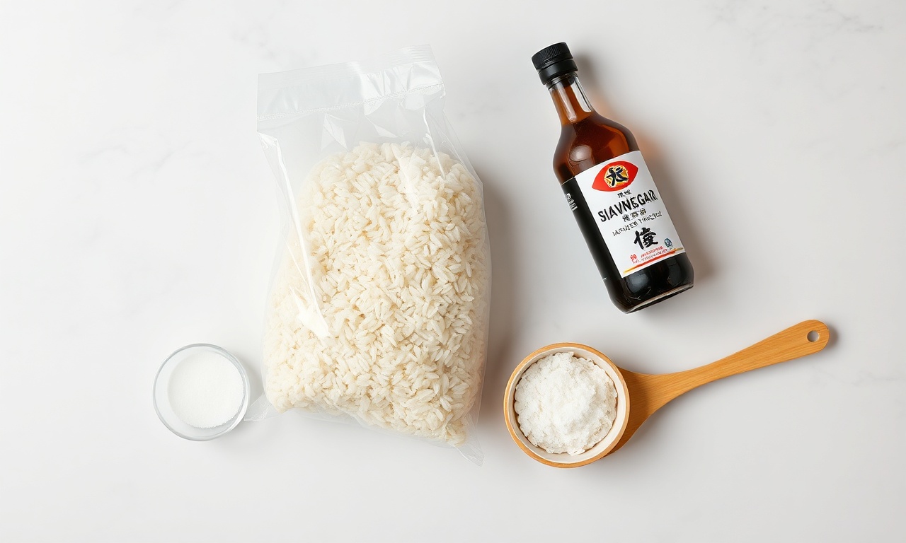 Vista de cima dos ingredientes essenciais para o arroz de sushi.