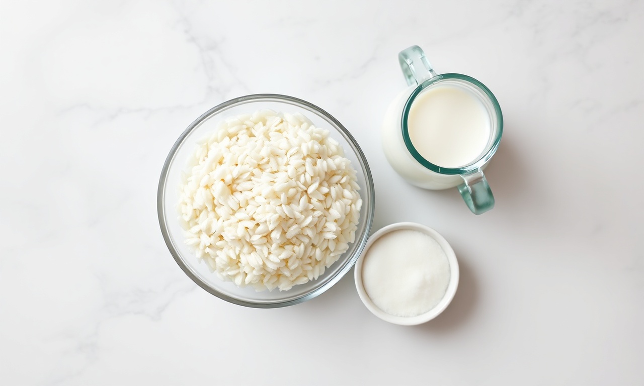 Vista de cima dos 3 ingredientes essenciais: arroz, leite e açúcar.