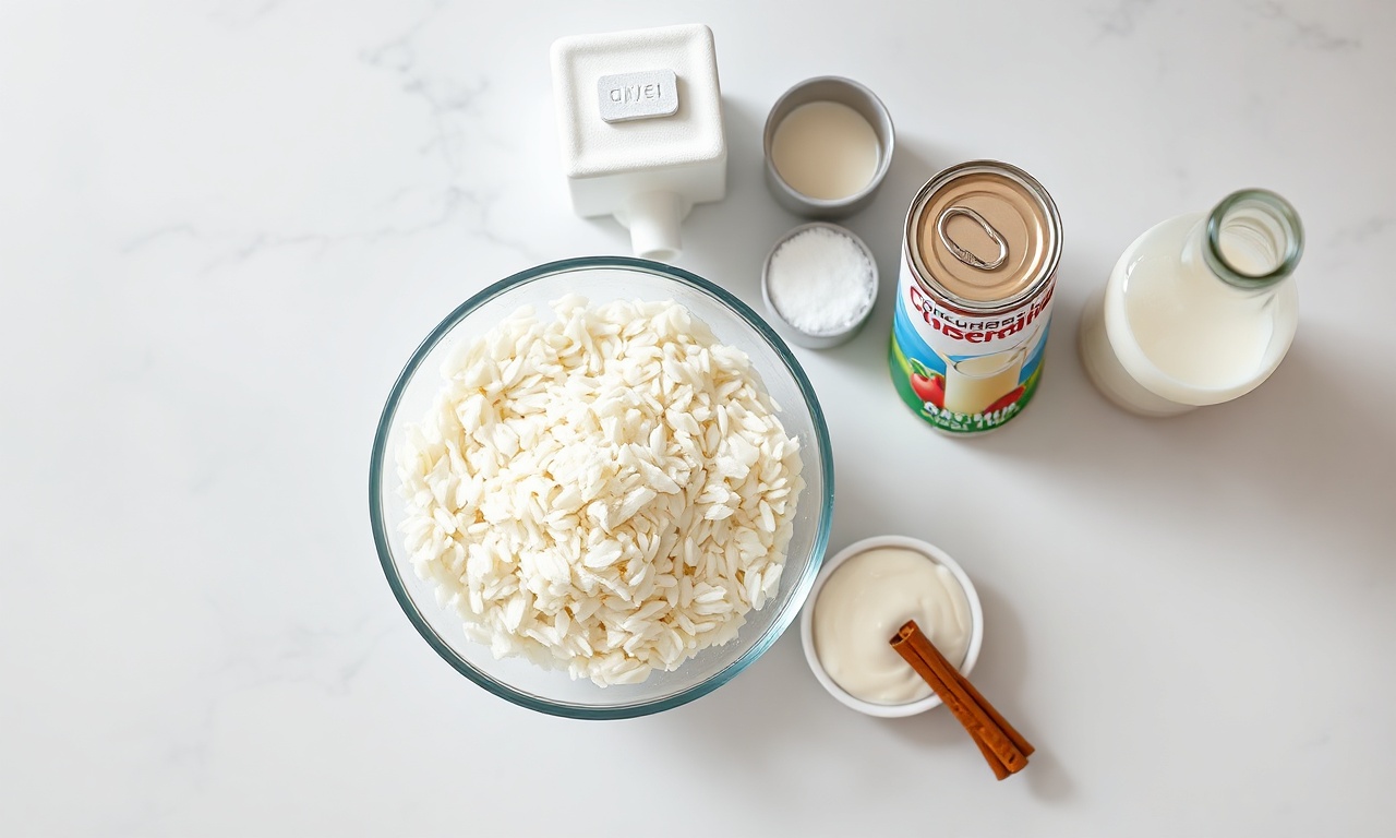 Arroz Doce Com Creme De Leite: Receita Ultra Cremosa E Fácil 4 Vista de cima dos ingredientes organizados na bancada