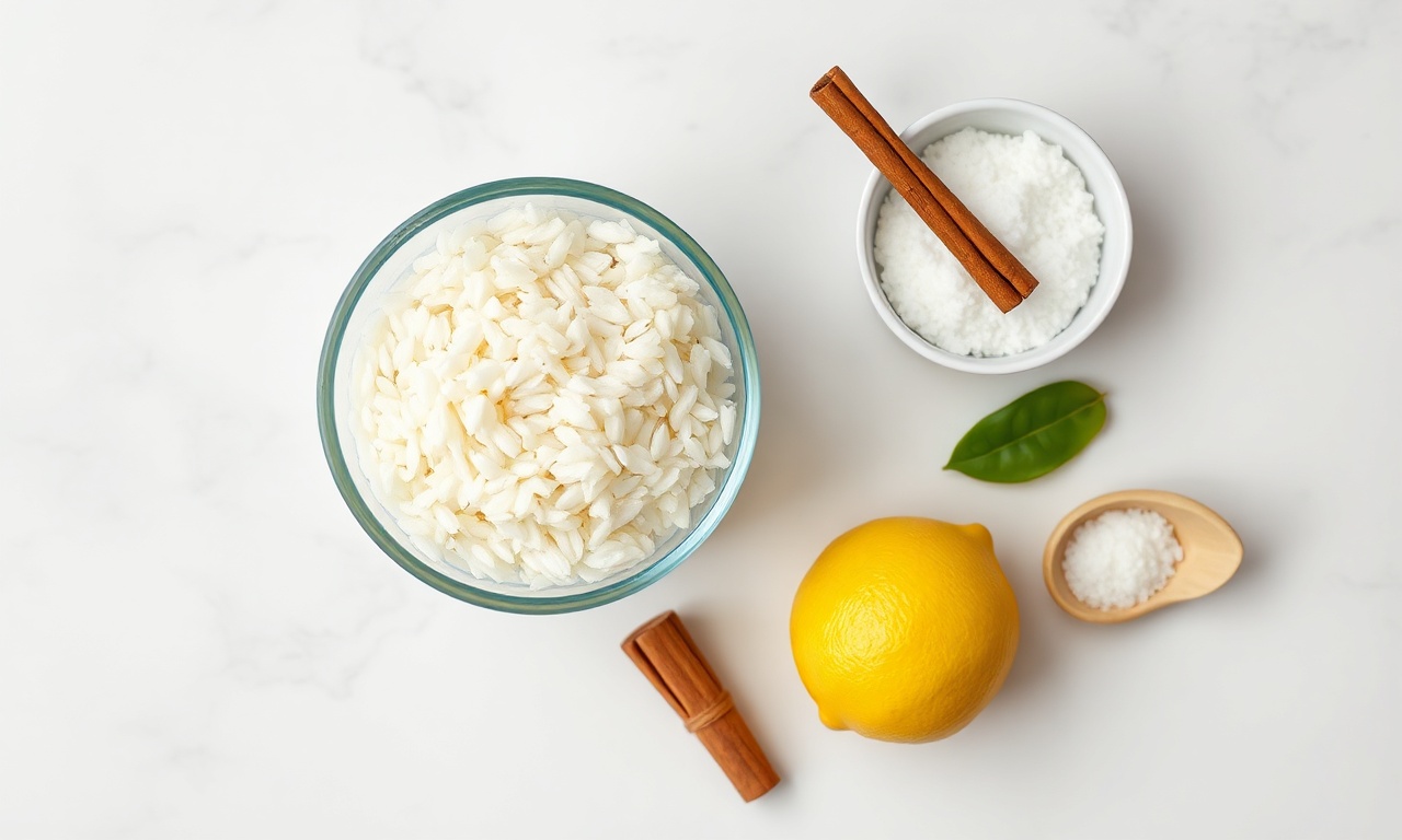 Vista de cima dos ingredientes organizados em superfície clara