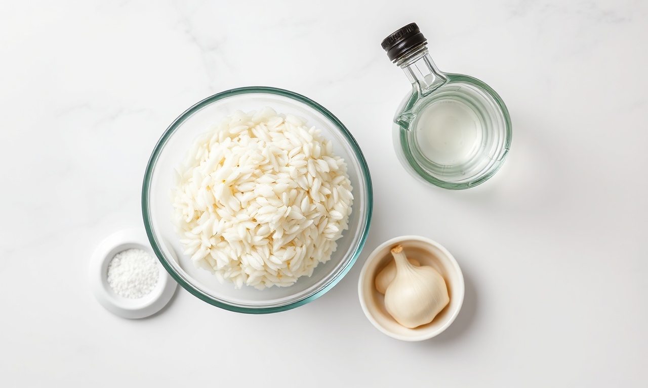 Arroz Para 2 Pessoas: Medida Exata Para Grãos Soltinhos 4 Vista de cima dos ingredientes simples e essenciais para o arroz.