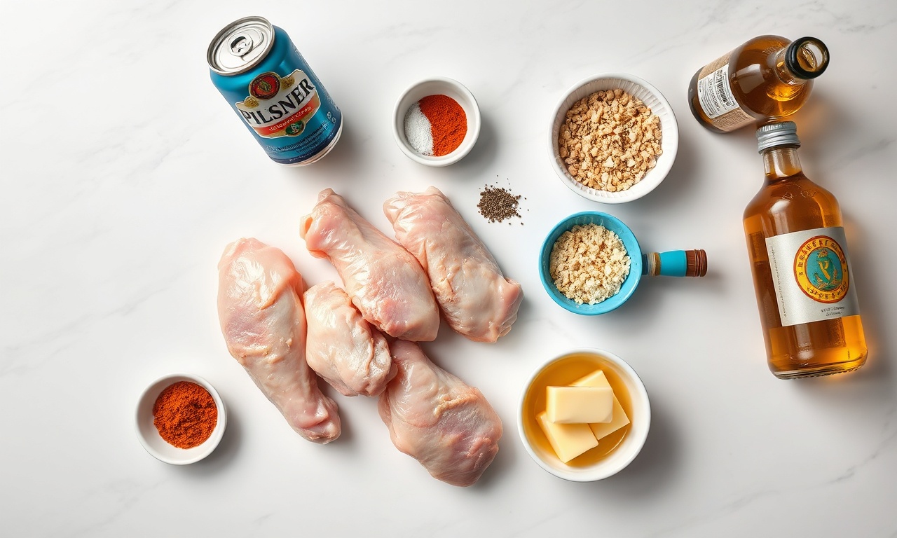 Vista de cima dos ingredientes frescos e temperos organizados para a receita.