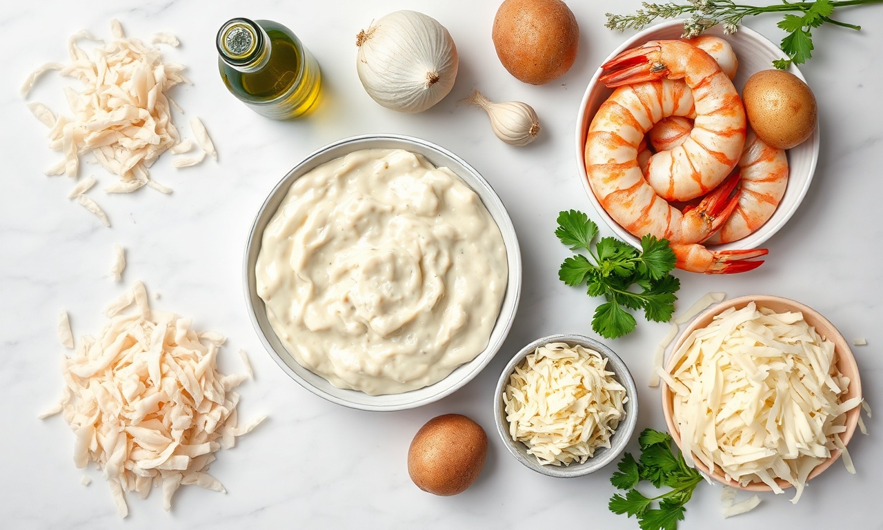 Vista de cima dos ingredientes organizados sobre superfície de mármore.