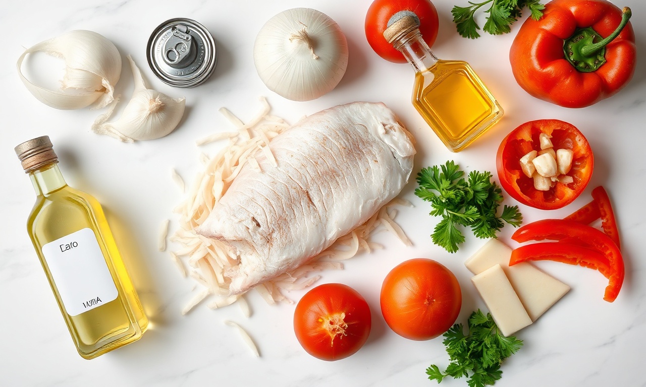 Vista de cima dos ingredientes organizados sobre superfície de mármore.