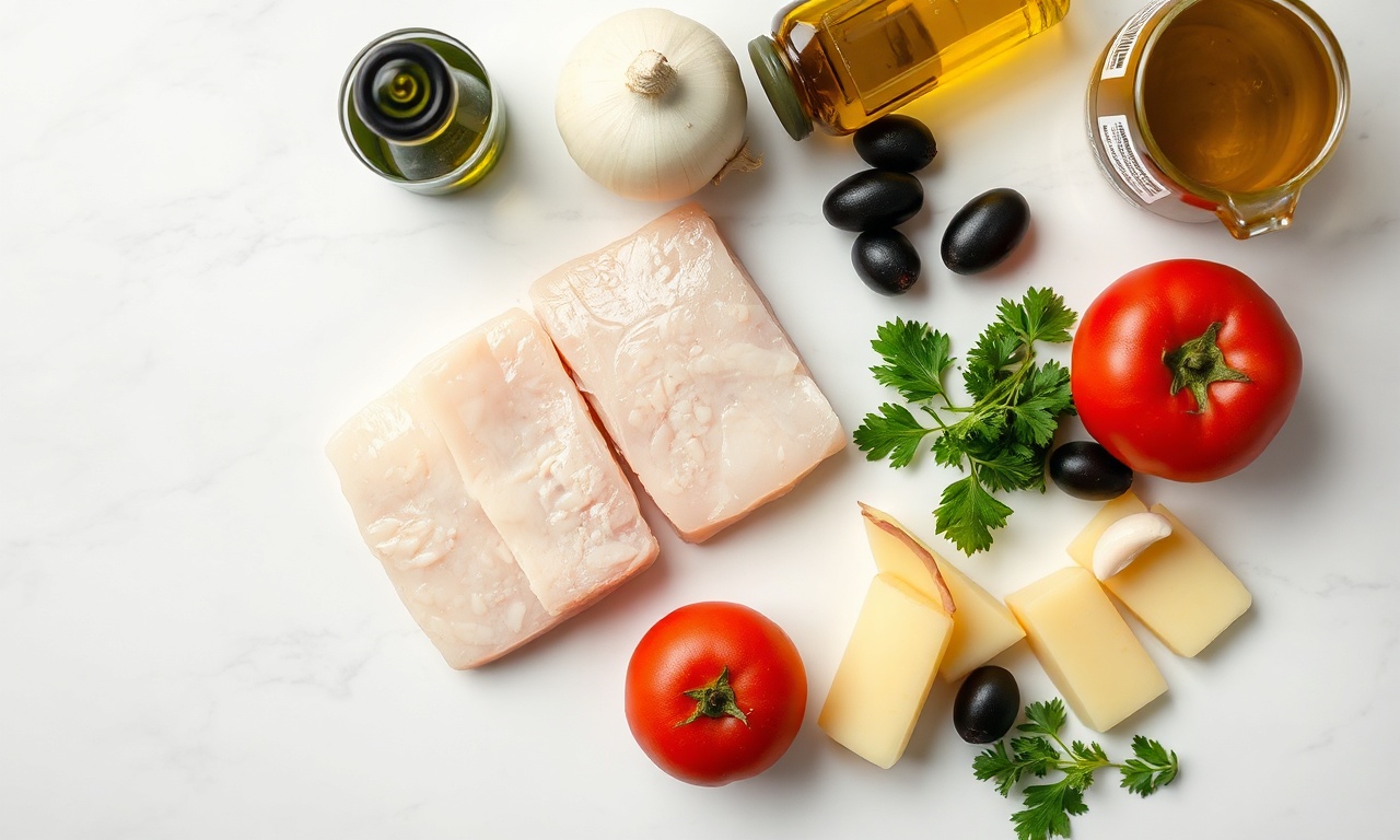 Vista de cima dos ingredientes organizados: bacalhau dessalgado, batatas, cebola, tomate, alho, azeitonas, azeite e cheiro-verde.