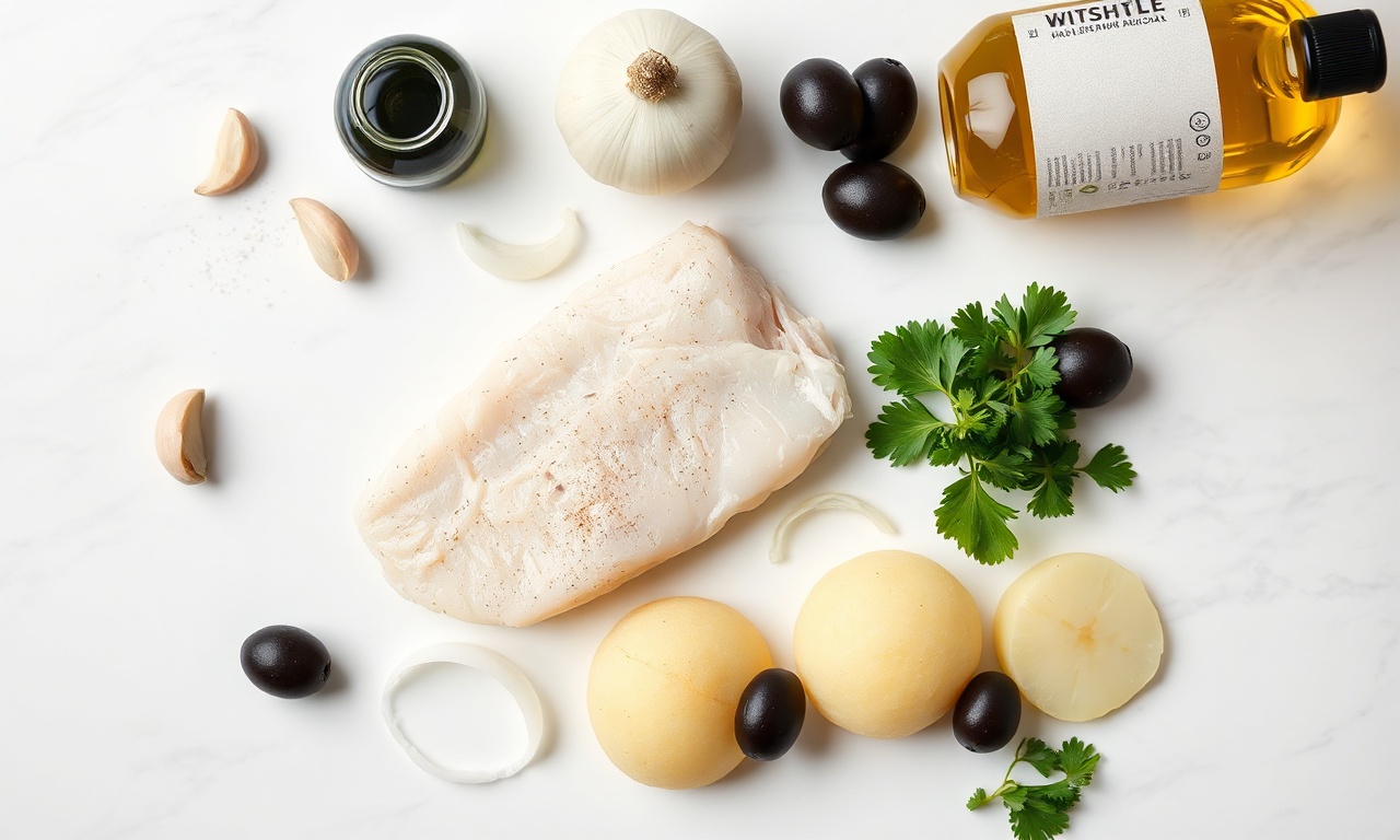 Vista de cima dos ingredientes frescos e organizados para a bacalhoada.