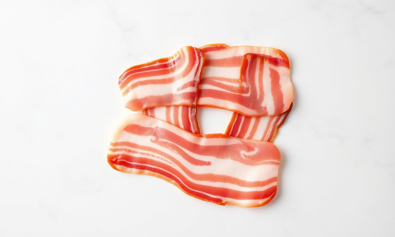 Vista de cima dos dois tipos de bacon crus em embalagens ou pratos.