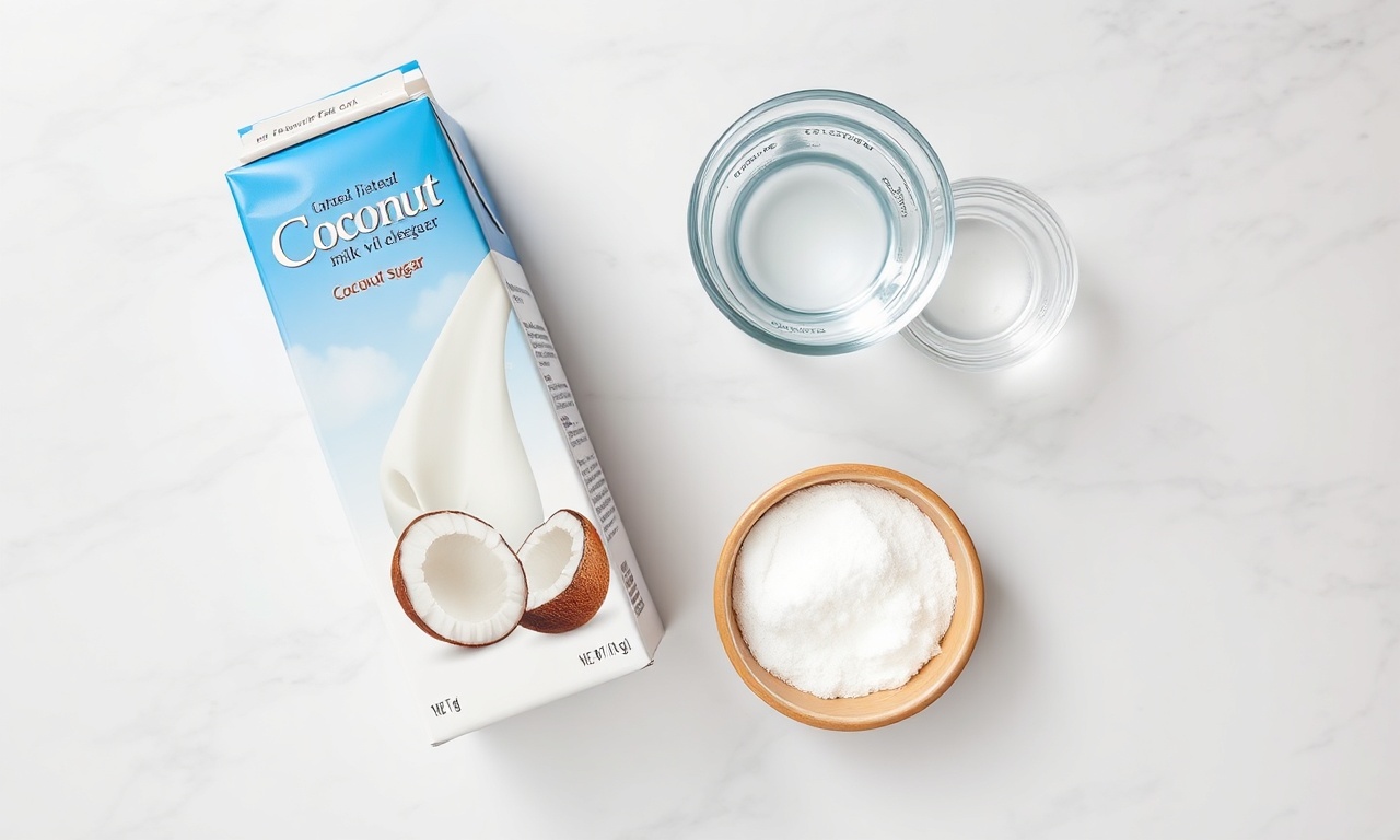 Vista de cima dos ingredientes principais: leite de coco, açúcar e água.