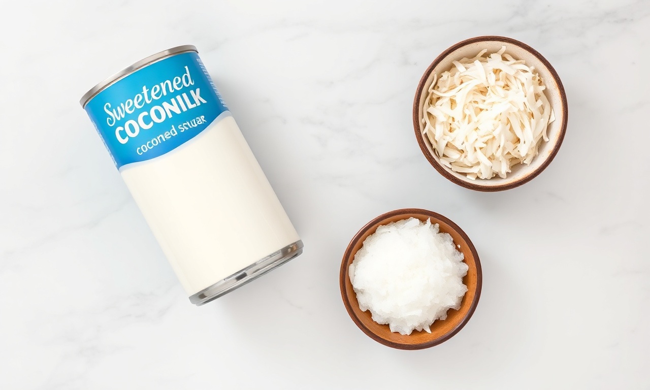 Bala De Coco Gelada: Fácil, Sem Fogão E Apenas 3 Ingredientes 4 Vista de cima dos três ingredientes: leite condensado, coco seco e açúcar cristal.