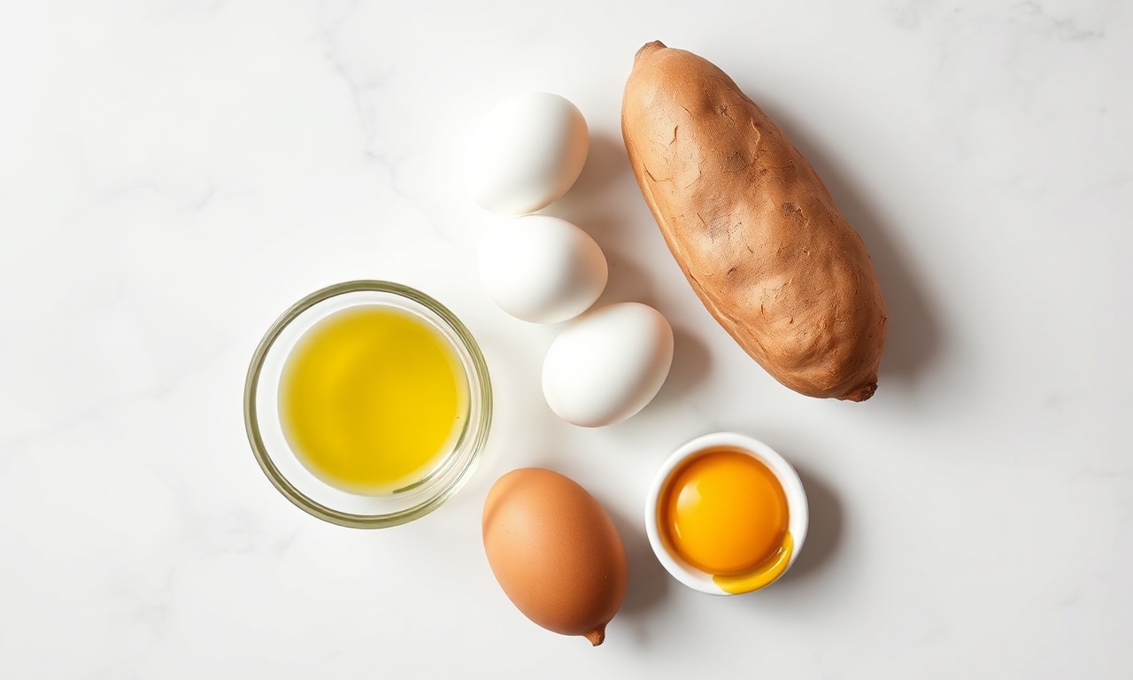 Vista de cima dos ingredientes crus organizados sobre superfície de mármore.
