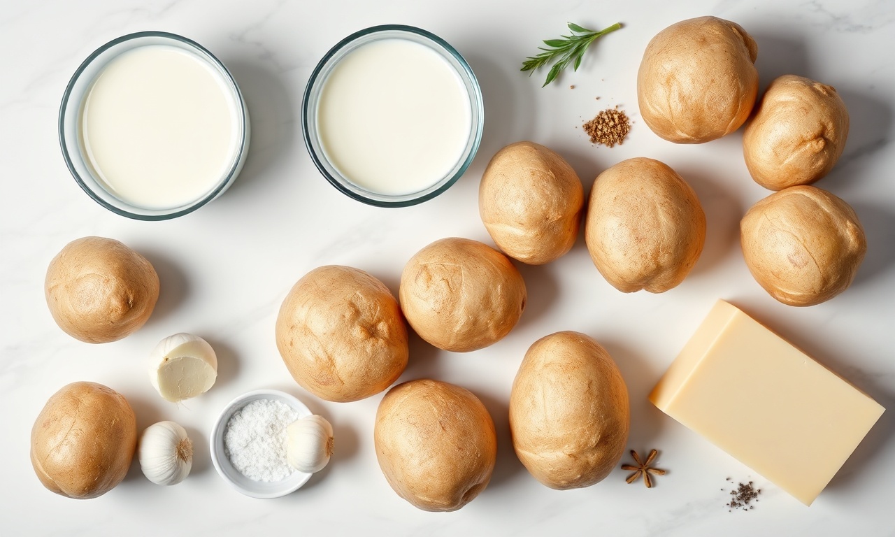 Vista de cima dos ingredientes organizados sobre superfície de mármore.