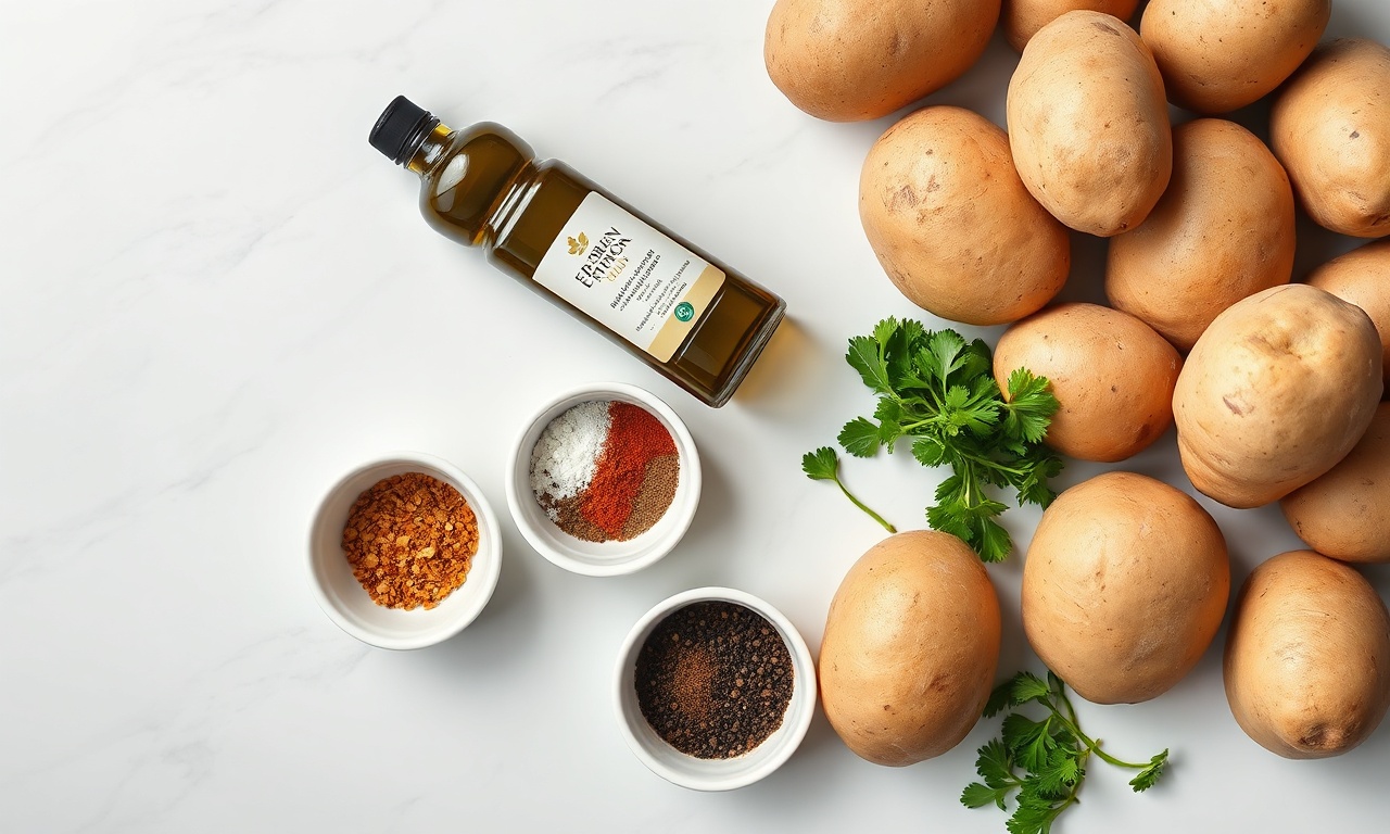 Batata Outback Caseira: Crocante Por Fora, Cremosa Por Dentro 4 Vista de cima dos ingredientes organizados sobre superfície de mármore.