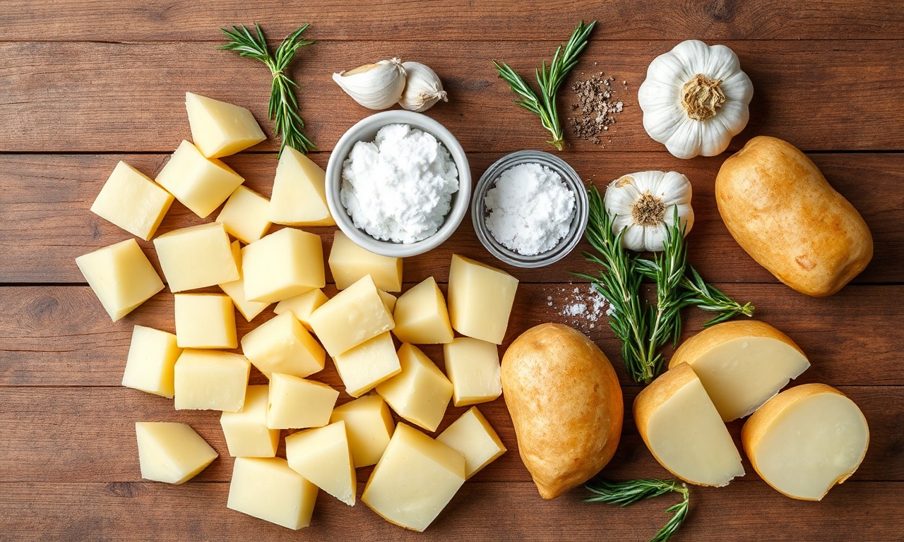 Vista de cima dos ingredientes crus organizados sobre superfície de madeira.