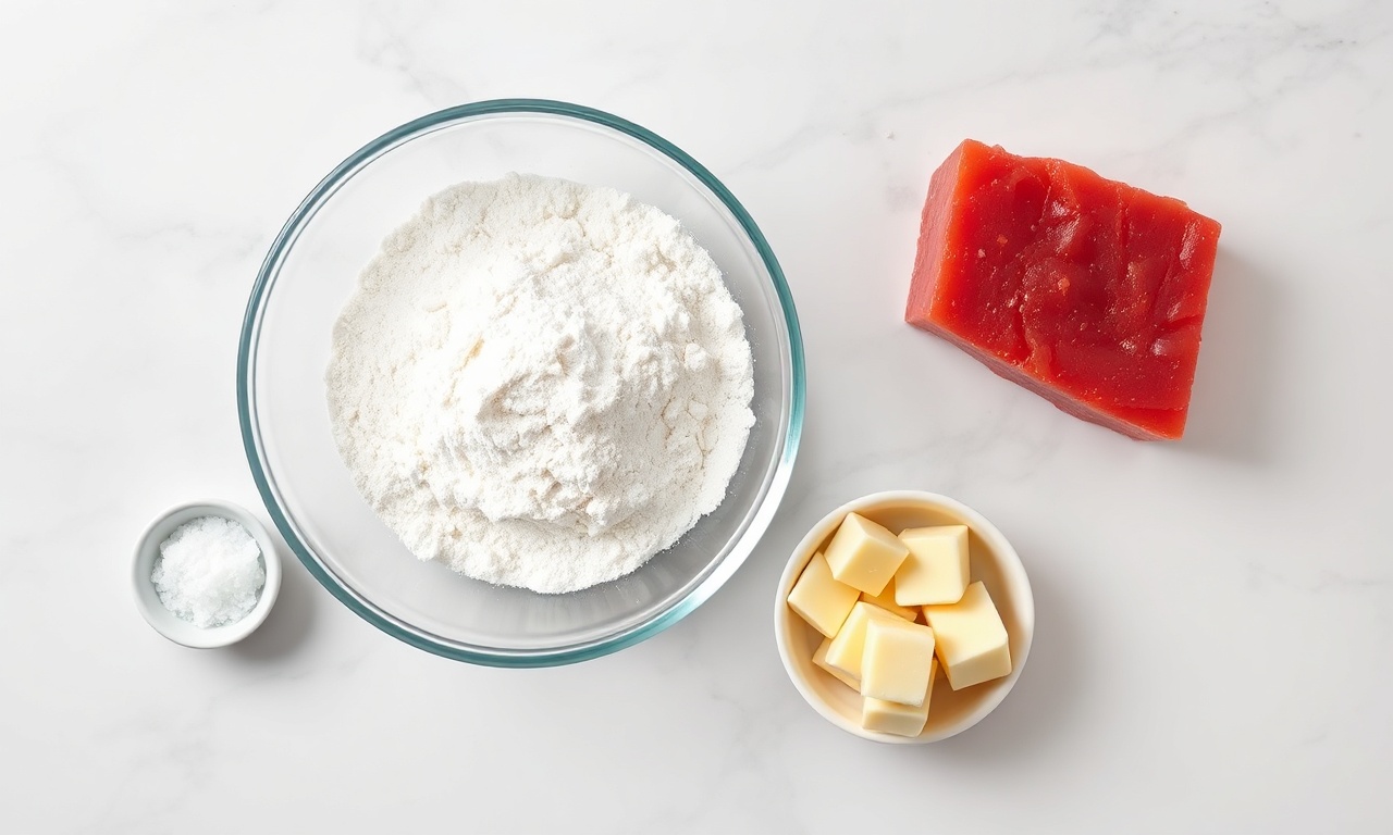 Vista de cima dos ingredientes principais: farinha, açúcar, manteiga, goiabada.