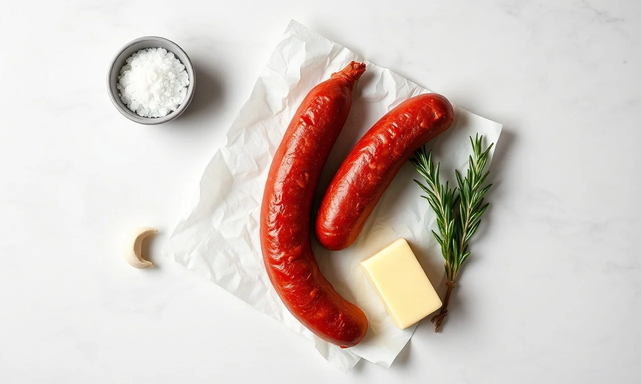 Vista de cima dos ingredientes brutos: dois bifes grossos, sal grosso, manteiga, alho e alecrim.