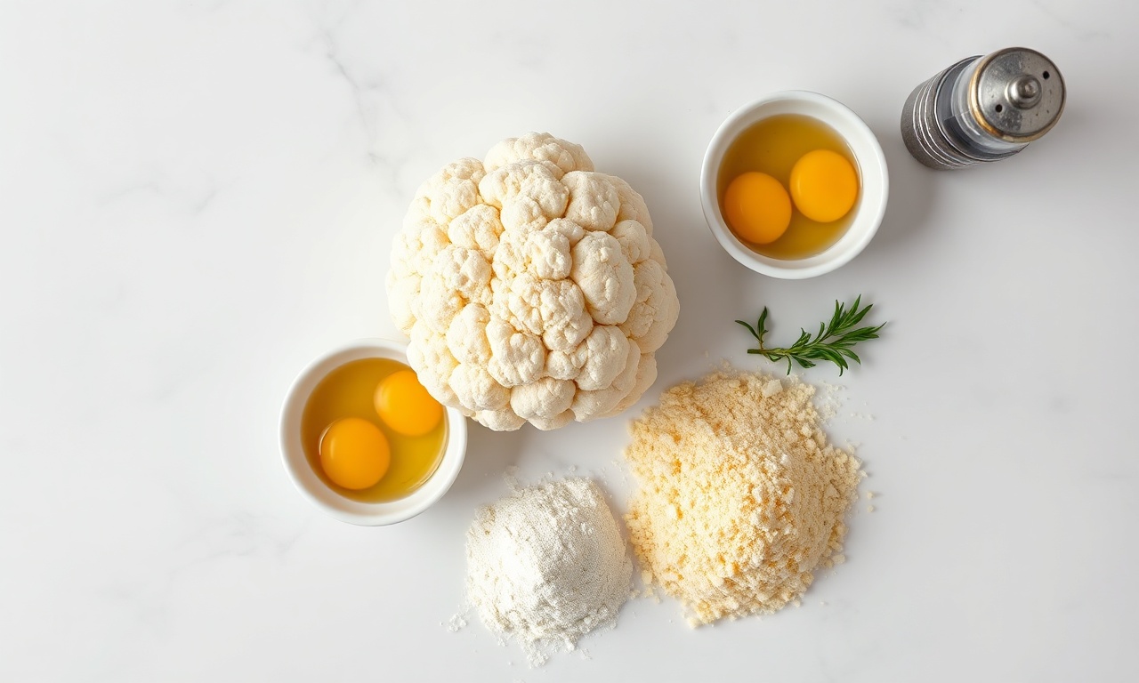 Vista de cima dos ingredientes frescos e simples: a couve-flor inteira, ovos, farinhas e temperos, organizados de forma harmoniosa.